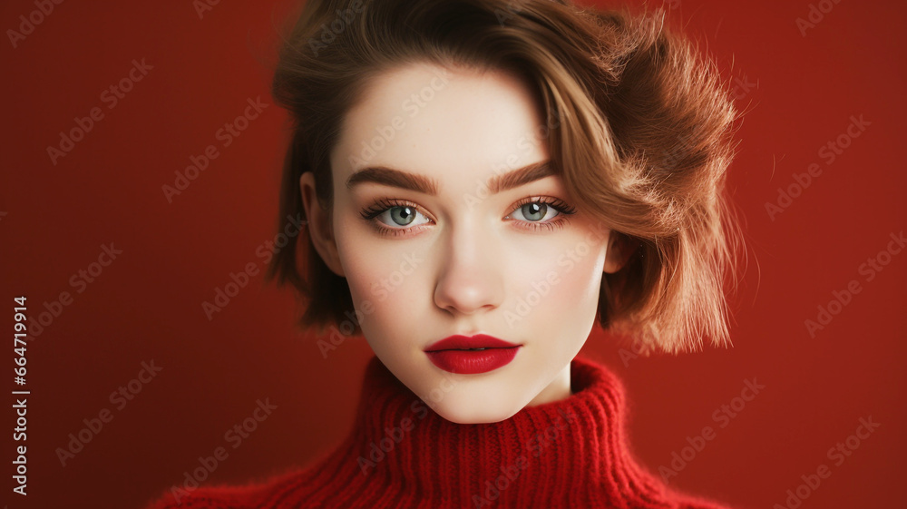Beautiful woman in winter clothes on an a red colored background Beautiful woman in winter clothes on an a red colored background