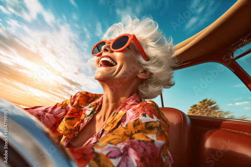 Happy old woman lady enjoying summer road trip, adventure in luxury convertible car, happy old age, lifestyle of wealth and freedom