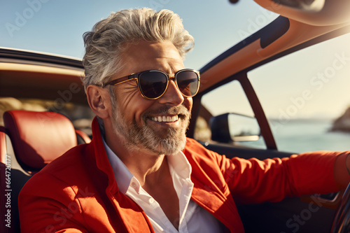 Happy bearded old man enjoying summer road trip, adventure in luxury convertible car, happy old age, lifestyle of wealth and freedom