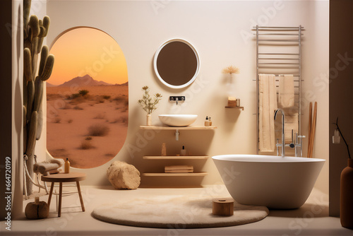minimalist luxury bathroom with desert theme  futuristic basin and shower  white towels  cosmetic racks and large mirror  two chair and little table with flower  hyper realistic 
