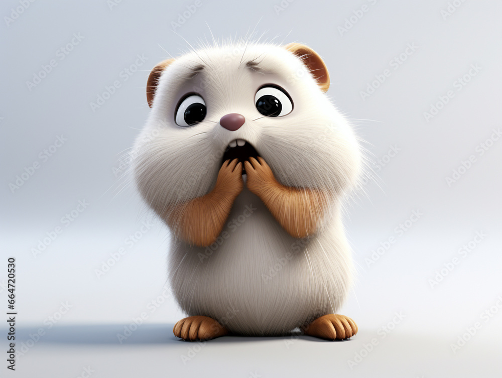A 3D Cartoon Lemming Sad and Surprised on a Solid Background