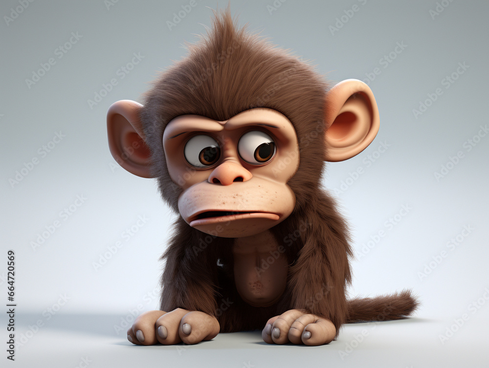 A 3D Cartoon Monkey Sad and Surprised on a Solid Background