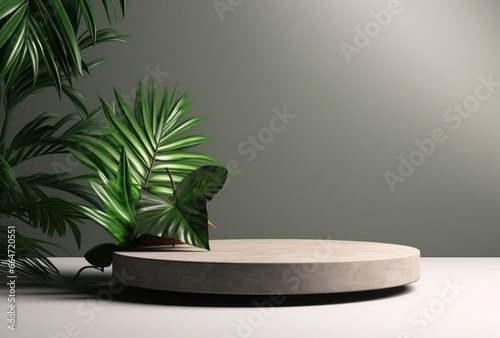 3D podium wood display white background with green monstera palm leaf