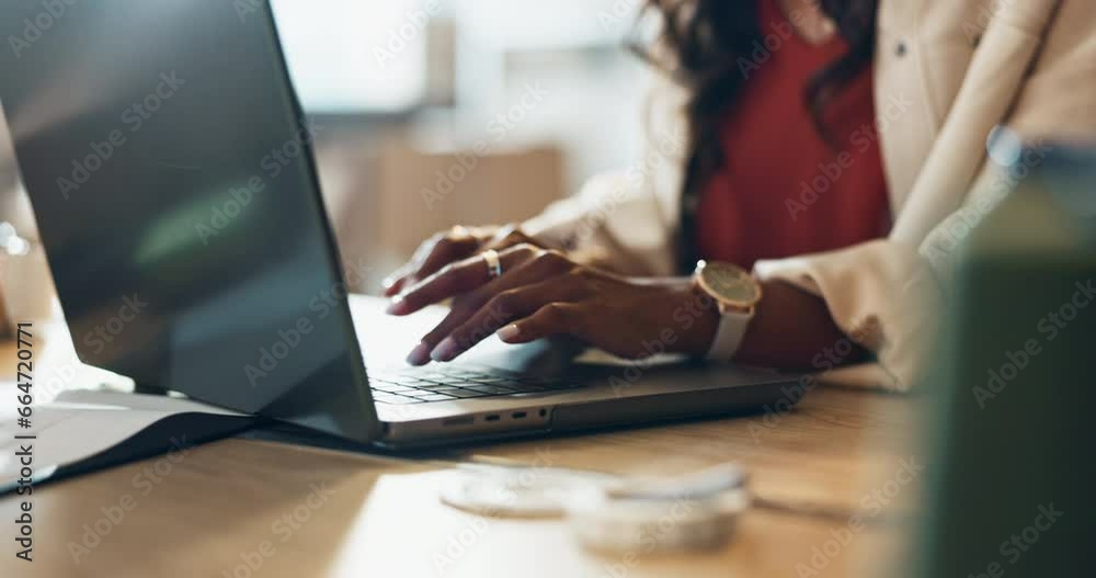 Remote, woman hands and laptop typing with digital job and freelancer with programming. House, computer and app database with research and planning with web developer project and analytics software Remote, woman hands and laptop typing with digital job and freelancer with programming. House, computer and app database with research and planning with web developer project and analytics software