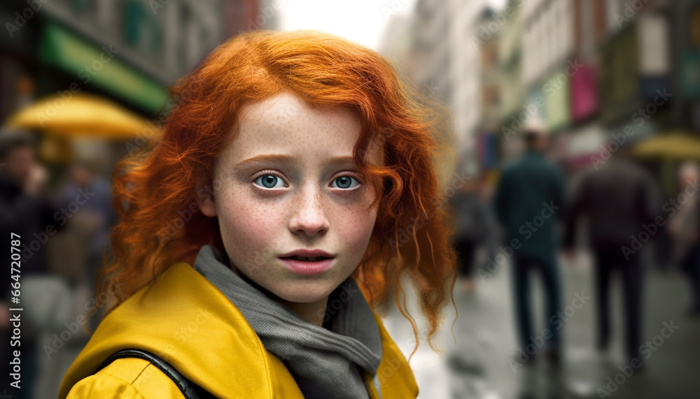 Young redhead woman looking at camera in city, confident and elegant generated by AI