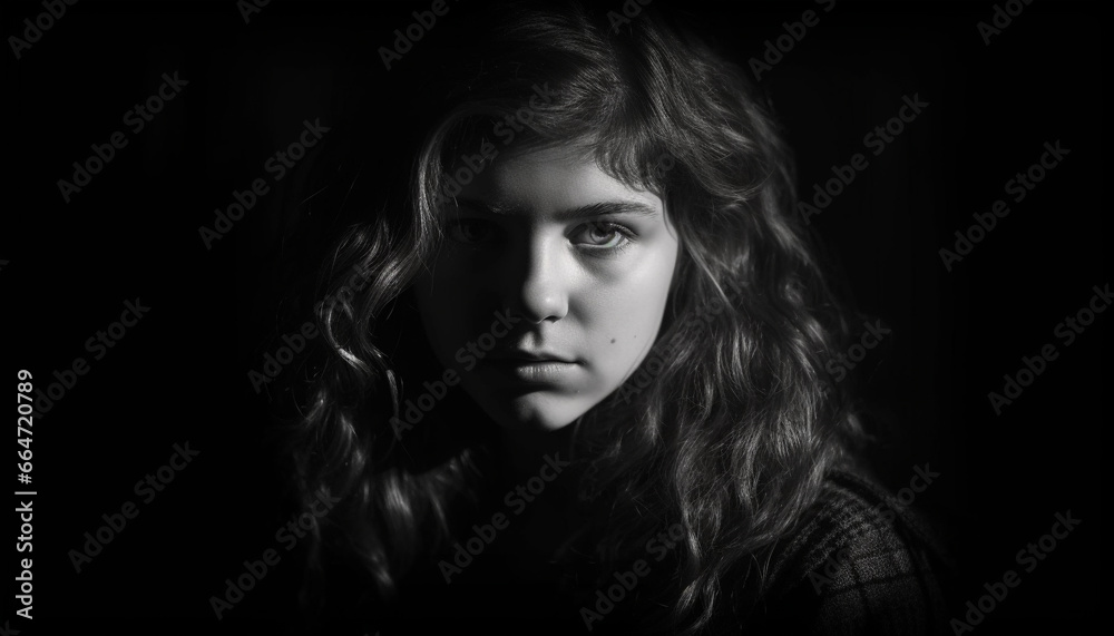 One woman, portrait, black and white, looking at camera, sadness generated by AI