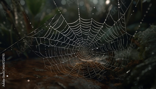 Spider web glistens in wet autumn forest, creating spooky beauty generated by AI