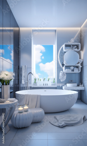 minimalist luxury bathroom with sky theme, large bathtub, futuristic basin and shower, white towels, cosmetic racks and large mirror, two chair and little table with flower, hyper realistic,