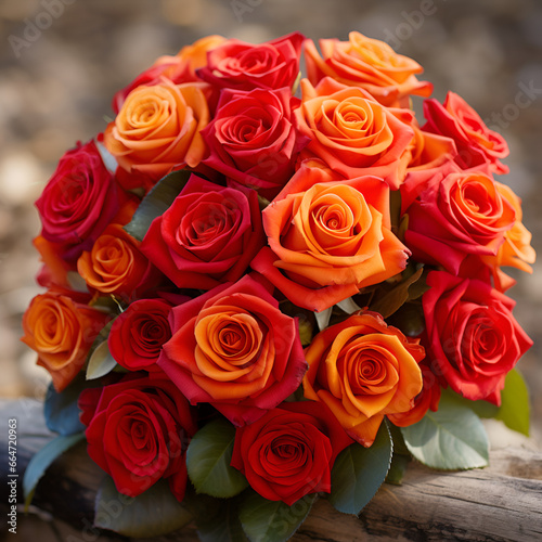 bouquet of red and orange roses in the shape of a ball in autumn colors 