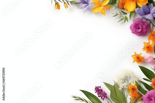 colorful spring and summer flowers on white background with copy space 