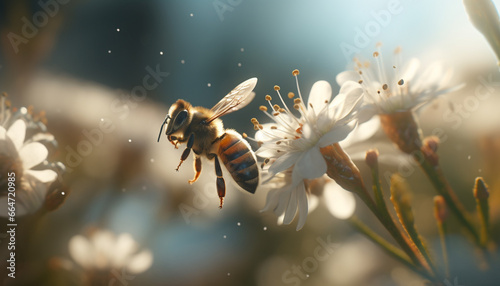 A bee in nature pollinates a flower, working outdoors generated by AI