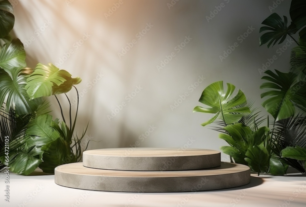 3D podium wood display white background with green monstera palm leaf 3D podium wood display white background with green monstera palm leaf