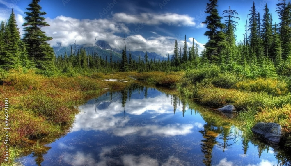 Tranquil scene: Majestic mountain peak reflects in serene blue pond generated by AI