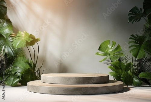 3D podium wood display white background with green monstera palm leaf © Chaiwiwat