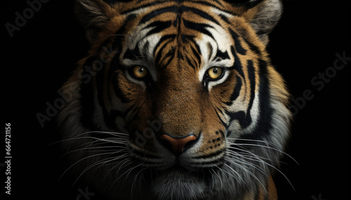 Majestic Bengal tiger staring, its fierce eyes focused on the camera generated by AI