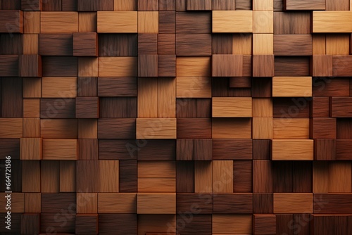 Arrangement of rectangular tiles made of timber, forming a 3D block wall with a soft sheen. Rendered in 3D. Generative AI