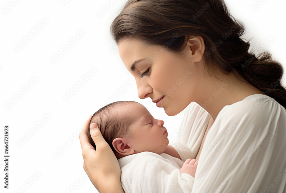 a European mother holding a newborn baby. isolated on white background. AI Generated Images a European mother holding a newborn baby. isolated on white background. AI Generated Images