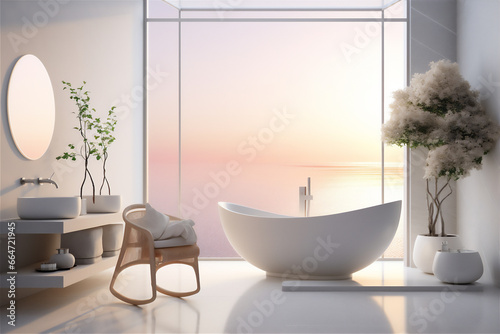 minimalist luxury bathroom with sunset sunrise theme  large bathtub  futuristic basin and shower  white towels  cosmetic racks and large mirror  two chair and little table with flower.
