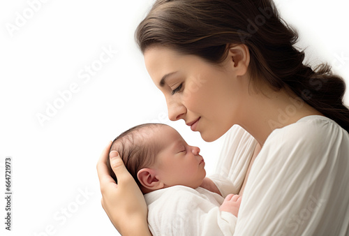a European mother holding a newborn baby. isolated on white background. AI Generated Images