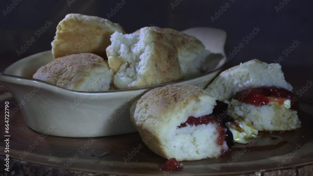 Southern biscuits served with butter,jam,sorghum,honey and milk