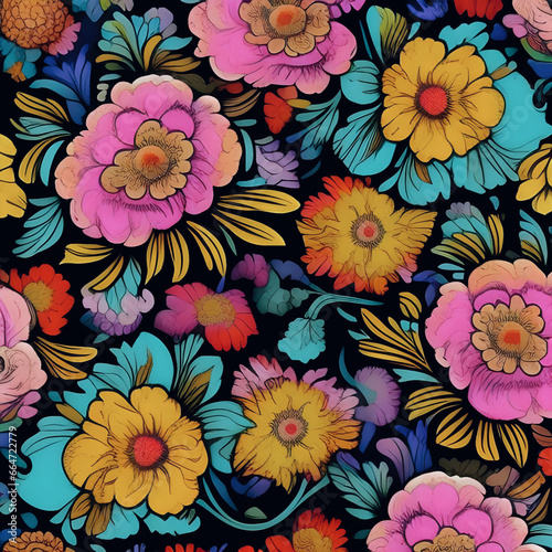 seamless pattern with flowers. Vintage and pop art style floral background with colorful.flower power