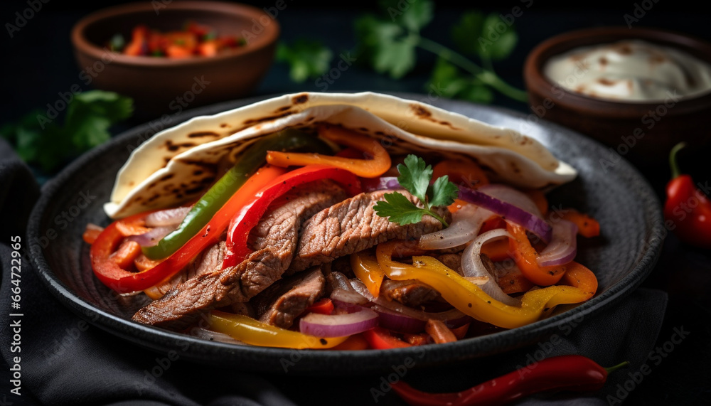 Grilled beef steak with tomato, onion, and vegetable on flatbread generated by AI Grilled beef steak with tomato, onion, and vegetable on flatbread generated by AI
