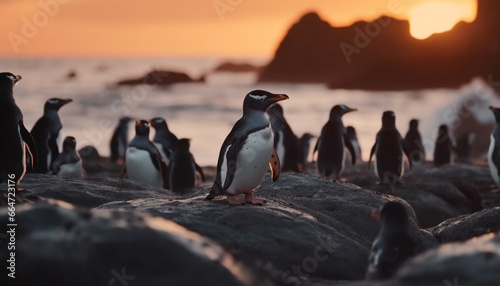 Penguin colony standing on rocky coastline  exploring tranquil African landscape generated by AI
