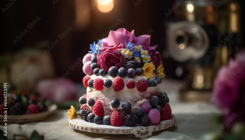Sweet food, fresh berry fruit, homemade dessert, indulgence, gourmet delight generated by AI