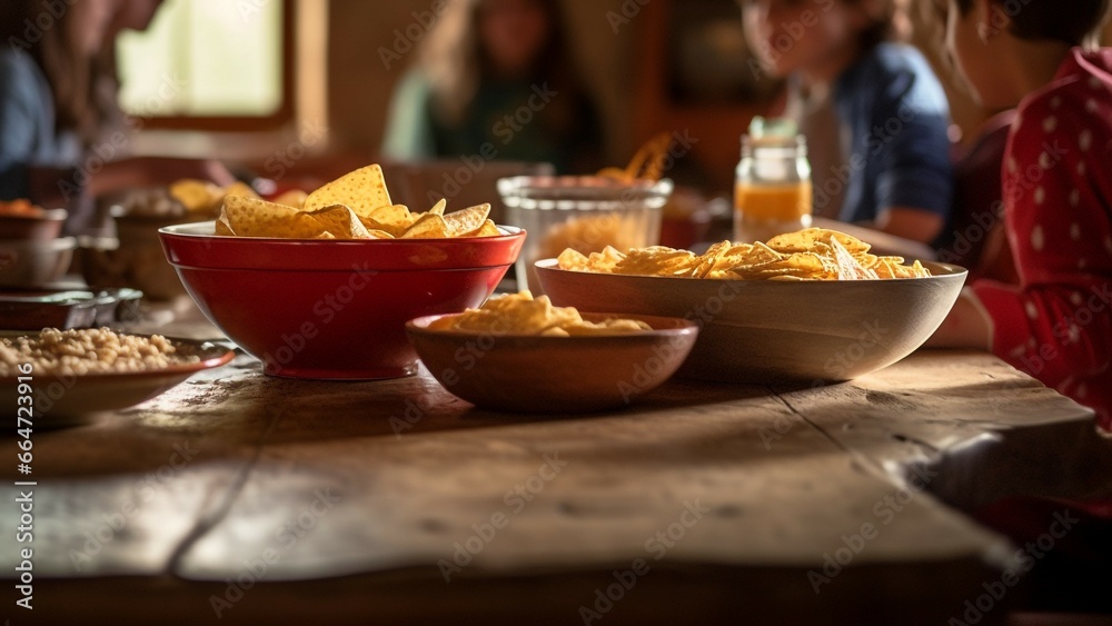 Adults enjoying homemade guacamole and tortilla chips indoors for lunch generated by AI