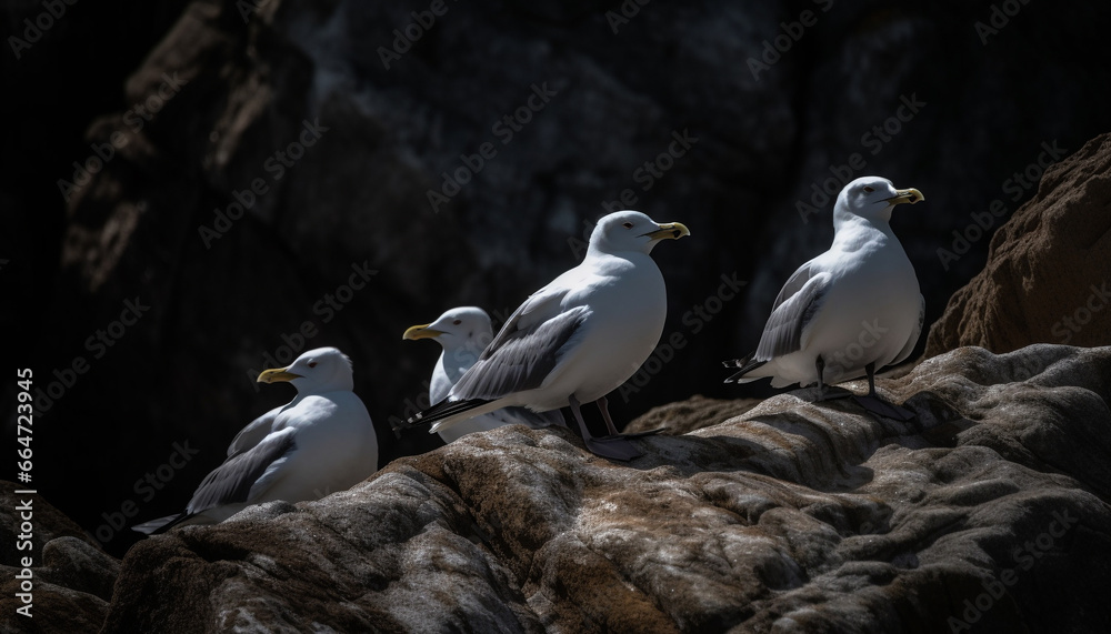 Fototapeta premium Seagull perching on cliff, spreading wings, enjoying freedom in nature generated by AI