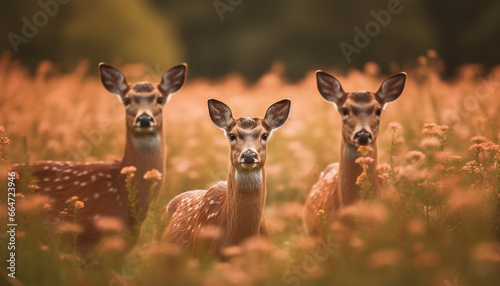Cute young deer standing in green meadow  looking at camera generated by AI