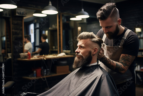 handsome man with beard in barber shop. AI generated Images photo