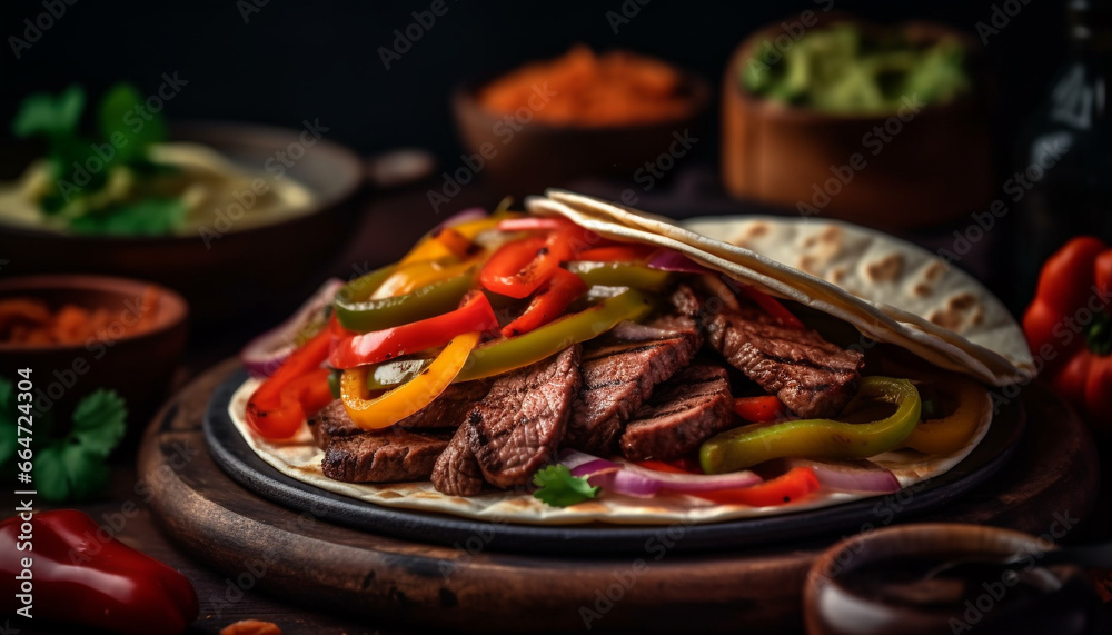 Grilled beef steak with fresh vegetables on a rustic plate generated by AI