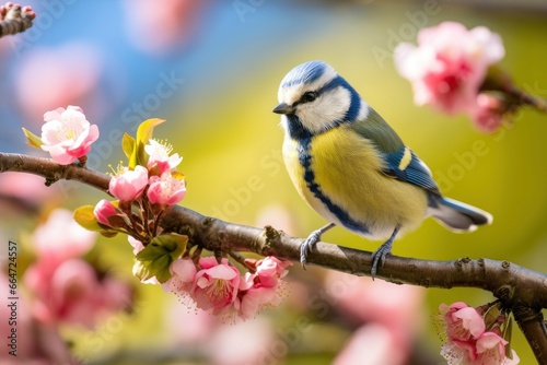 A Bluetit bird resting on the branch of a tree.