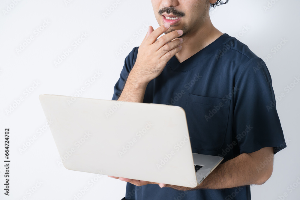Surprised man looking at computer Image of bodyworker, nurse, doctor Surprised and surprised Image no-face Surprised man looking at computer Image of bodyworker, nurse, doctor Surprised and surprised Image no-face