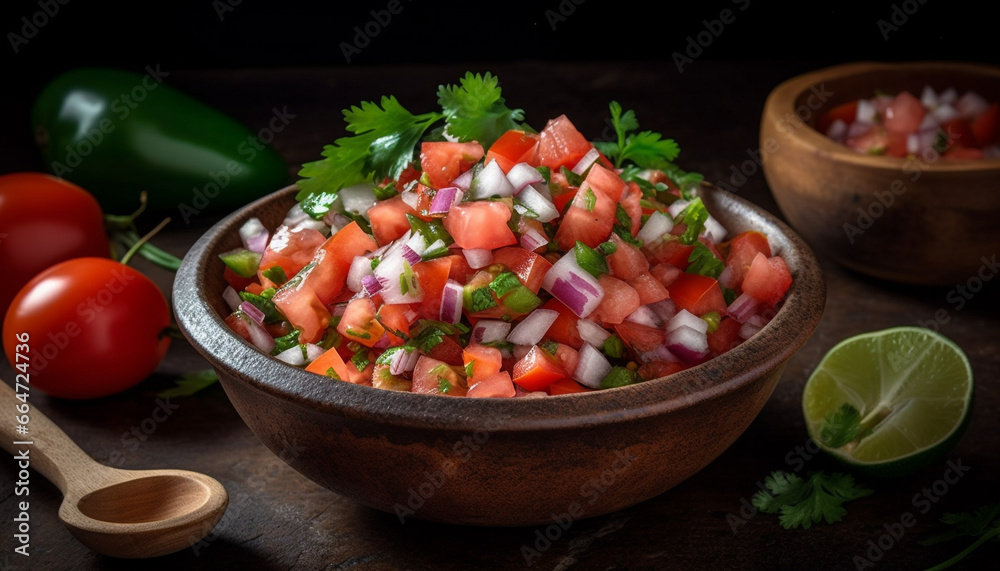 Freshness on a wooden table  tomato, salad, parsley, onion, healthy eating, gourmet, vegetarian food, organic, leaf, green color generated by AI