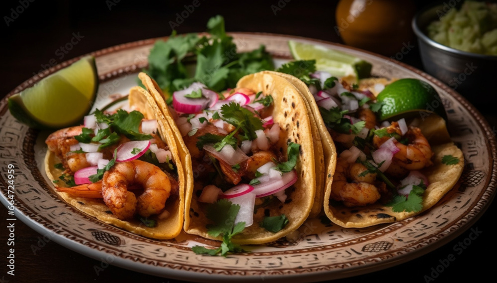 A gourmet Mexican meal on a wooden plate, ready to eat generated by AI A gourmet Mexican meal on a wooden plate, ready to eat generated by AI