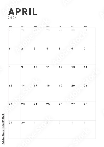Monthly page Calendar Planner Templates of April 2024. Vector layout of a vertical simple calendar with week start Monday for print. Page for size A4 or 21x29.7 cm