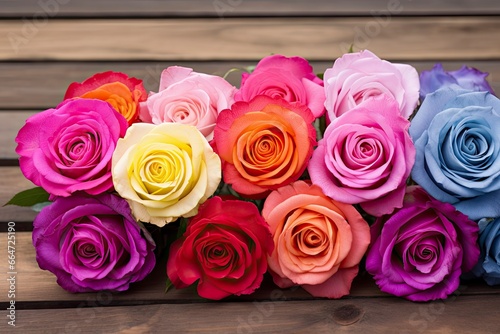 Bunch of multi colored roses on wooden planks  happy birthday lying on planks.