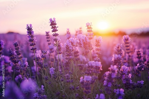 Close up lavender flowers in beautiful field at sunset. © Sajeda