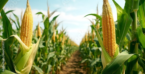 Closeup corn cobs in corn plantation field.