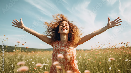 Laughing young woman with curly hair enjoying the freedom in the blooming field. Carefree girl with spread arms dancing in the summer meadow. photo