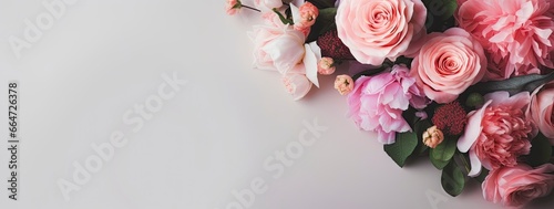 Fresh bunch of pink peonies and roses with copy space.