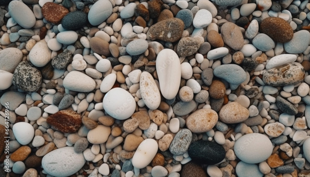 Smooth pebbles form a beautiful pattern on the wet coastline generated by AI