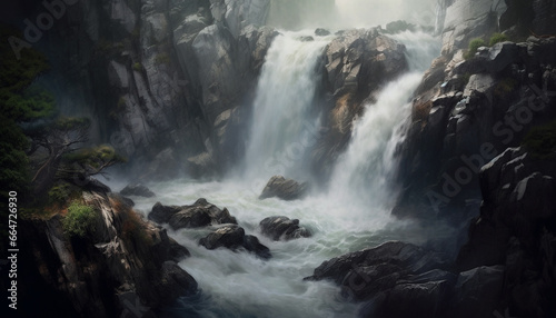 Tranquil scene Majestic mountain range, flowing water, and lush green forest generated by AI