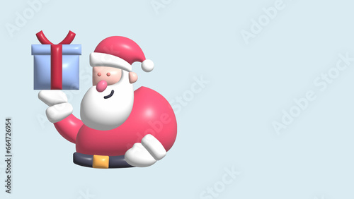 Cute Cartoon Santa Claus with gift box. Christmas Holidays 3d rendering illustration.