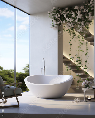 minimalist luxury bathroom with meadow theme  large bathtub  futuristic basin and shower  white towels  cosmetic racks and large mirror  two chair and little table with flower  hyper realistic 