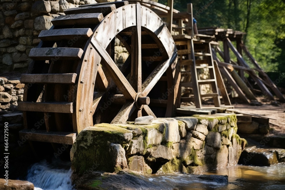A closeup of the waterwheel at Yates Mill Park in Raleigh, North Carolina. Generative AI