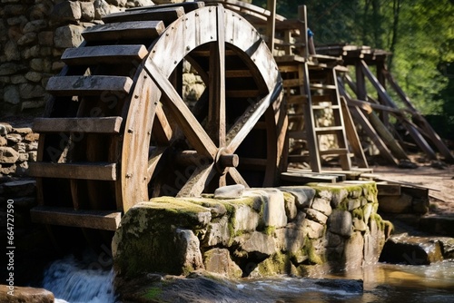 A closeup of the waterwheel at Yates Mill Park in Raleigh, North Carolina. Generative AI