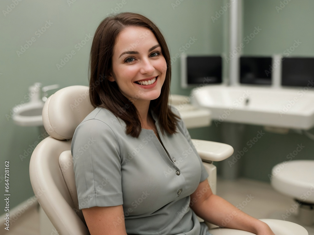 Beautiful woman smiling and sitting in the dental treatment room, happy and confident feeling, copy space Beautiful woman smiling and sitting in the dental treatment room, happy and confident feeling, copy space